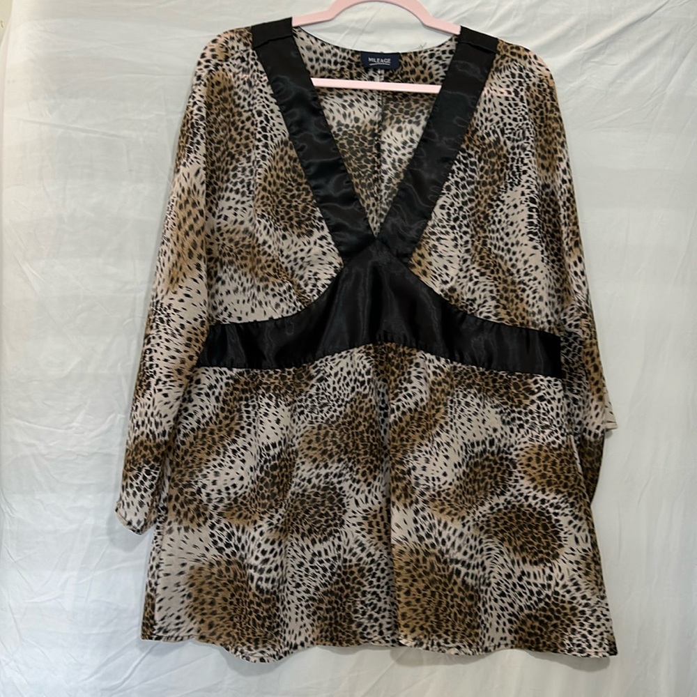 Mileage leopard sheer print with silk  deep plunge V-neck and waist accent